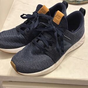 New Balance Navy Knit Sneakers with Tan Leather Accents